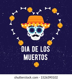 Dia de los Muertos. Day of the Dead. Skull in Mexican Hat. Vector