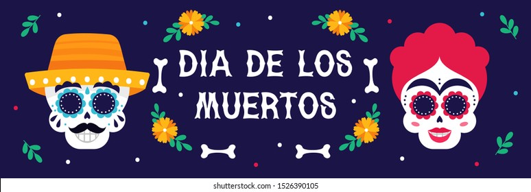 Dia de los Muertos. Day of the Dead. Male and Female skull. Vector