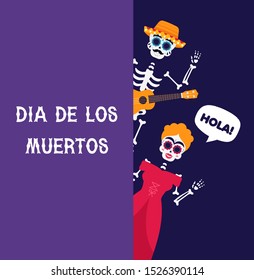 Dia de los Muertos. Day of the Dead. Two skulls. Hola. Vector