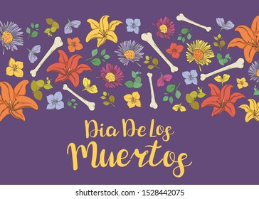 Dia de los Muertos. Day of the Dead banner with flowers and bones