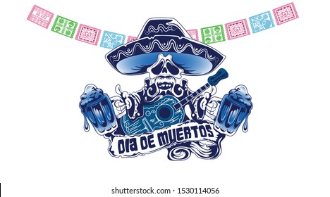 Dia de los Muertos (day of the dead) card with spanish text. Mexican sugar skull with floral decoration. Vector illustration.