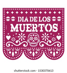 Dia de los Muertos - Day of the Dead Papel Picado design with sugar skulls, Mexican paper cut out garland background with flowers and skulls. 
Papel Picado purple geometric decoration