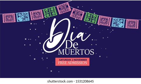 Dia de los Muertos (day of the dead) card with spanish text. Mexican sugar skull with floral decoration. Vector illustration.