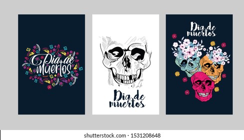 Dia de los Muertos (day of the dead) card with spanish text. Mexican sugar skull with floral decoration. Vector illustration.