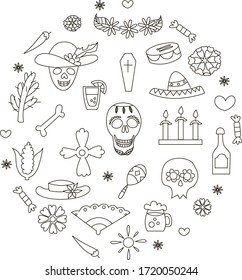 Dia De Los Muertos. The day of the Dead. Line Icons Circle. Vector illustration of holiday outline objects.