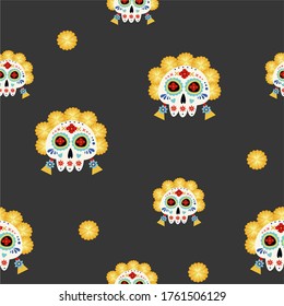 Dia de Los Muertos, Day of the Dead or Mexico Halloween skull collection. Seamless texture. Ornament with marigold flowers. Vector illustration background.
