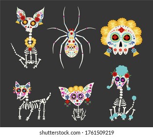 Día de los Muertos, Día de los Muertos o colección de cráneos de Halloween en México. Conjunto de esqueletos, perros y araña. Ornamento con flores de oro. Ilustración del vector