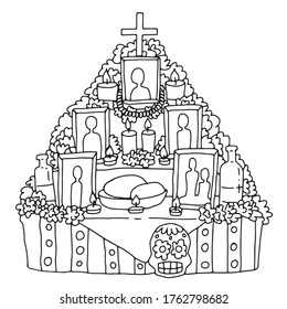 Dia de los muertos.  Day of the dead. Sketch illustration of mexican altar "Ofrenda" in vector doodle style. Hand drawn outlined element for design. 