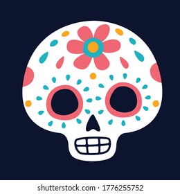 Dia de los muertos. Day of the dead flat skulls vector. Cartoon colorful elements for design on dark backgroung. Illustration for poster or banner.