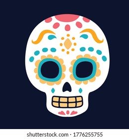 Dia de los muertos. Day of the dead flat skulls vector. Cartoon colorful elements for design on dark backgroung. Illustration for poster or banner.