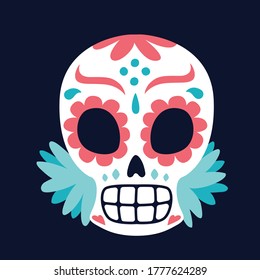 Dia de los muertos. Day of the dead flat skulls vector. Cartoon colorful elements for design on dark backgroung. Illustration for poster or banner.