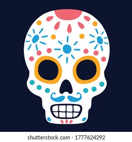 Dia de los muertos. Day of the dead flat skulls vector. Cartoon colorful elements for design on dark backgroung. Illustration for poster or banner.