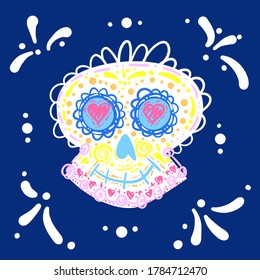 Dia de los muertos. Day of the dead. Mexican carnival concept with sugar festive skull. Fiesta, holiday poster, greeting card in doodle style. Stock vector illustration isolated on dark background.