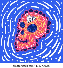 Dia de los muertos and Day of the dead. Mexican carnival concept with sugar festive skull. Fiesta, holiday poster, greeting card in doodle style. Stock vector illustration isolated on blue background.