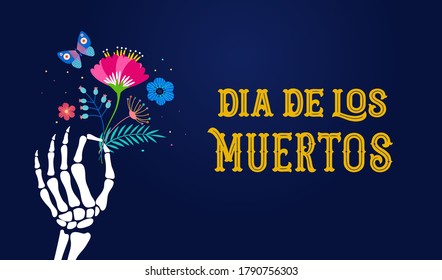 Dia De Los Muertos, Day Of The Dead, Mexican Holiday, Festival. Vector Poster, Banner And Card With Skeleton Hands Holding Flowers, Cocktail Drink