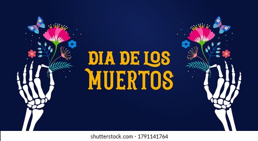 Dia de los muertos, Day of the dead, Mexican holiday, festival. Vector poster, banner and card with skeleton hands holding flowers, cocktail drink