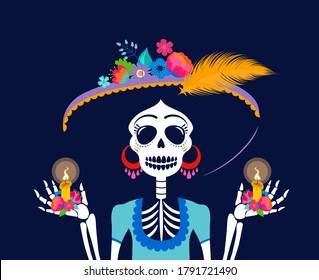 Dia de los muertos, Day of the dead Mexican holiday festival. Woman skull with make up of Catarina with flowers crown. Poster, banner and card with sugar skull