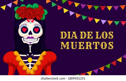 Dia de los muertos, Día de los Muertos, Fiesta Mexicana, Festival. Afiche vectorial, pancarta y tarjeta con cráneo de azúcar, mujer y hombre