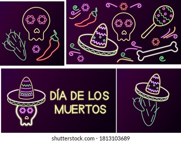 Dia de los Muertos or Day of the Dead Spanish national holiday Neon Banner Design. Vector colorful Illustration of Mexican Holiday night party.