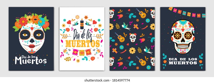 Dia de los Muertos, Day of the Dead Brochure Design Layout Template in A4 size with ornaments on dark background. Abstract Modern Backgrounds, Party poster. Vector Illustrations