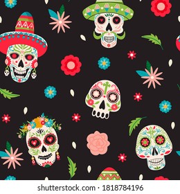 Dia de Los Muertos or Day of the Dead seamless pattern. Sugar mexican skulls with floral decoration. Illustration for fabric, wrapping paper, packaging etc. Colorful vector on black background.