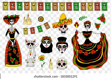 Dia de los muertos, Day of the dead Mexican symbols in doodle style. vector illustration