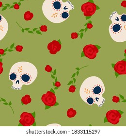 Dia de los muertos, Day of the dead, Mexican festival. Vector seamless pattern with sugar skulls and roses.