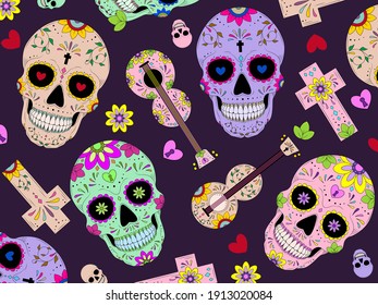 Dia de los muertos, Day of the Dead seamless vector pattern. Decoration with skeleton skulls, maracas, guitar, candles and flowers