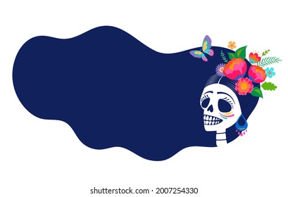 Dia de los muertos, Day of the dead, Mexican holiday, festival. Poster, banner and card with make up of sugar skull, woman with flower crown. Halloween concept design