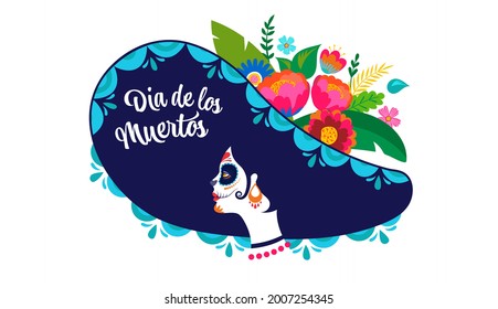 Dia de los muertos, Tag der Toten, mexikanische Feiertage, Festival. Poster, Banner und Karte mit dem Make-up des Zuckerschädels, Frau mit Blumenkrone. Halloween-Konzept