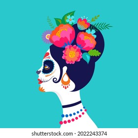 Dia de los muertos, Día de los Muertos, Fiesta Mexicana, Festival. Afiche, pancarta y tarjeta con forma de cráneo de azúcar, mujer con corona de flores. Diseño de halloween