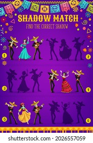 Dia de los Muertos Day skeletons shadow match kids game. Vector matching puzzle, education memory riddle or maze template with Day of the Dead Mexican holiday calavera Catrina and mariachi skulls