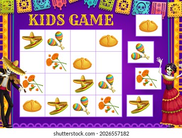 Dia de los Muertos Day sudoku game, vector kids education block puzzle. Match educational game, riddle and attention test with Day of the Dead Mexican holiday skeletons, sombrero, maracas and marigold