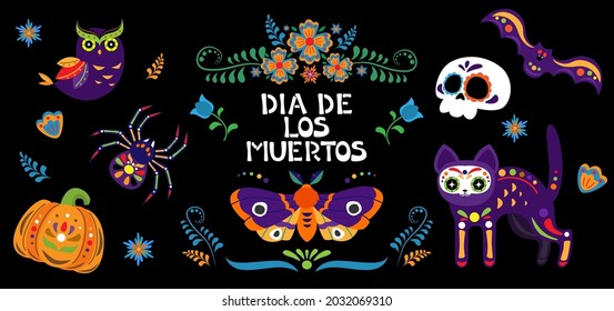 Dia de los muertos - Día de los muertos. Calavera de azúcar, gato, murciélago, calabaza, búho, araña, polilla y flores.