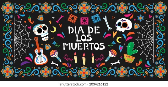 Dia de Los Muertos - Day of the Dead celebration poster. Set of mexican traditional objects.