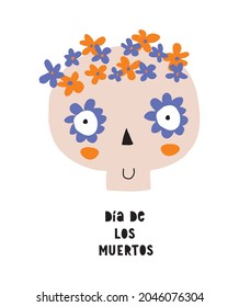 Dia de Los Muertos - Day of the Dead.Funny Hand Drawn Halloween Vector Illustration. Cute Human Skull Wearing Floral Wreath Isolated on a White Background. Funny Halloween Print for Card, Poster.