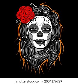 Dia de los muertos, Day of the dead, Mexican holiday, festival. Poster, banner and card with make up of sugar skull, woman with flower crown. Halloween concept design