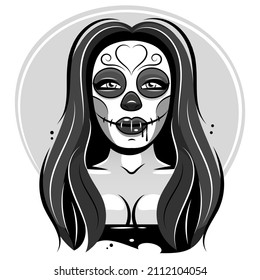 Dia de los muertos, Day of the dead, Mexican holiday, festival. Poster, banner and card with make up of sugar skull, woman with flower crown. Halloween concept design