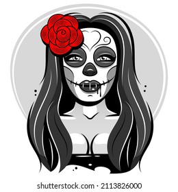 Dia de los muertos, Day of the dead, Mexican holiday, festival. Poster, banner and card with make up of sugar skull, woman with flower crown. Halloween concept design