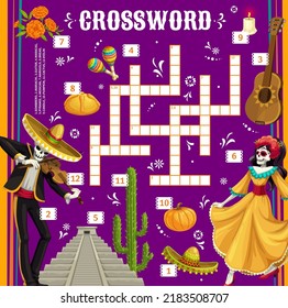 Dia de Los Muertos Day of Dead mexican holiday crossword puzzle worksheet, find a word quiz. Vector sombrero, mariachi, guitar or maracas, pyramid, marigold, bread and candle, pumpkin, cactus, violin