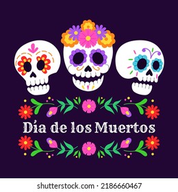 "Dia de los Muertos" (Day of the Dead) card with Spanish text. Mexican sugar skulls with floral decoration. Vector illustration.