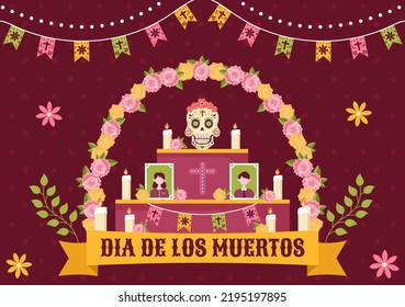 Dia De Los Muertos or Day of the Dead Template Hand Drawn Cartoon Flat Illustration Mexican Holiday Festival with Tattoo Skulls, Maracas and Sombrero