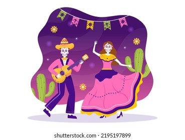 Dia De Los Muertos or Day of the Dead Template Hand Drawn Cartoon Flat Illustration Mexican Holiday Festival with Tattoo Skulls, Maracas and Sombrero