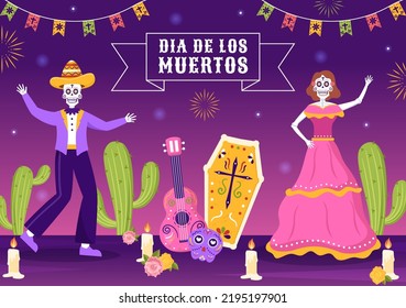 Dia De Los Muertos or Day of the Dead Template Hand Drawn Cartoon Flat Illustration Mexican Holiday Festival with Tattoo Skulls, Maracas and Sombrero