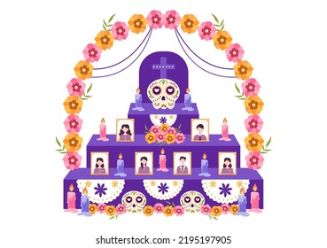 Dia De Los Muertos or Day of the Dead Template Hand Drawn Cartoon Flat Illustration Mexican Holiday Festival with Tattoo Skulls, Maracas and Sombrero