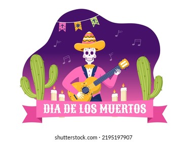 Dia De Los Muertos or Day of the Dead Template Hand Drawn Cartoon Flat Illustration Mexican Holiday Festival with Tattoo Skulls, Maracas and Sombrero