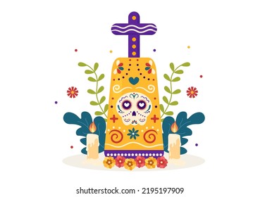 Dia De Los Muertos or Day of the Dead Template Hand Drawn Cartoon Flat Illustration Mexican Holiday Festival with Tattoo Skulls, Maracas and Sombrero