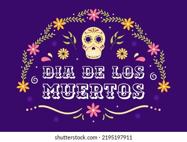 Dia De Los Muertos o Día de la Plantilla Muerta mano Dibuja una ilustración plana de la festividad mexicana con cráneos del tatuaje, Maracas y Sombrero