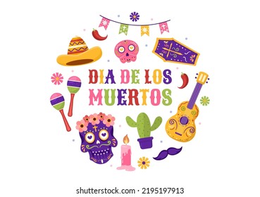 Dia De Los Muertos or Day of the Dead Template Hand Drawn Cartoon Flat Illustration Mexican Holiday Festival with Tattoo Skulls, Maracas and Sombrero