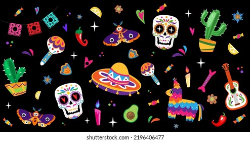 Dia de los muertos - Day of the dead set with Skulls, pinata, moth and sombrero.